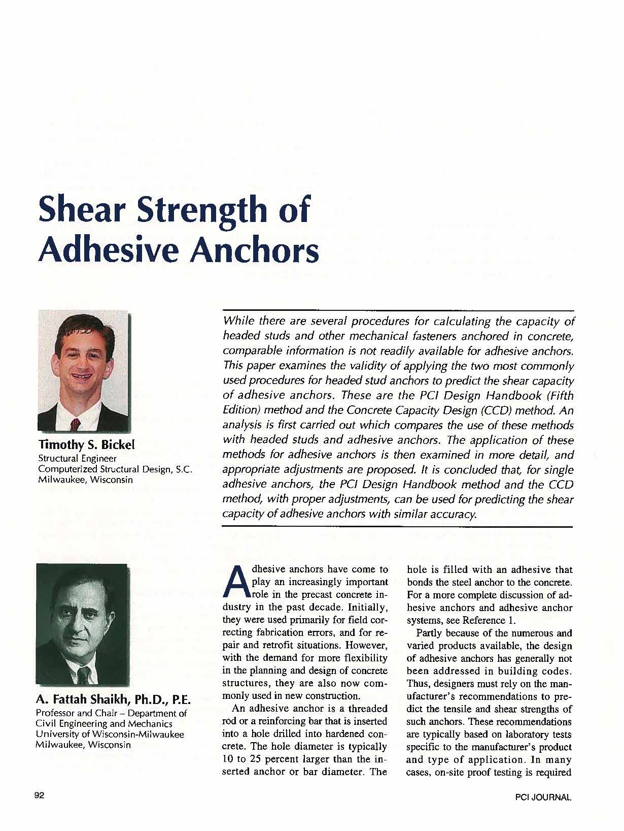 Shear Strength of Adhesive Anchors | Publication by Tim Bickle | CSD Structural Engineers